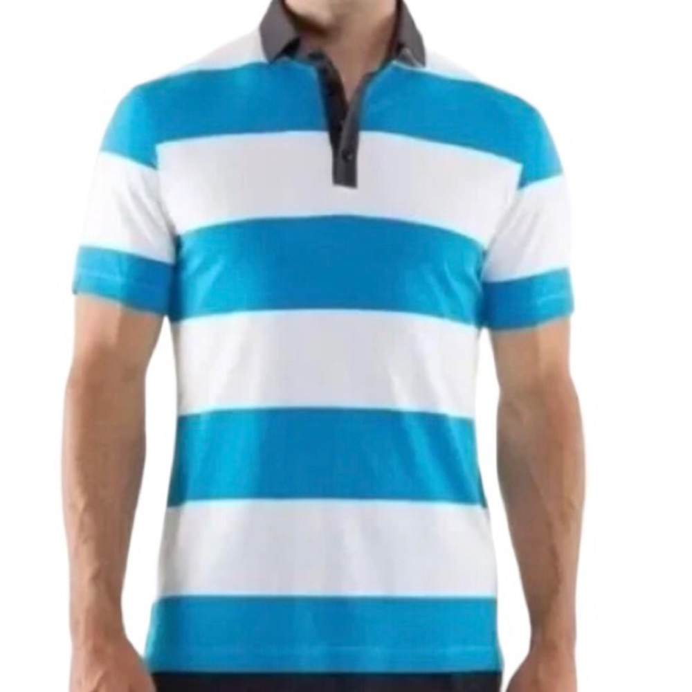 Lululemon Freestyle Polo Shirt Blue White Wide Stripe Golf Short Sleeve Men's M